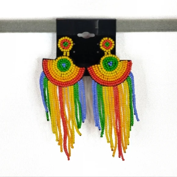 Rainbow Beaded Dangle Stud Earrings NWOT - Picture 3 of 6